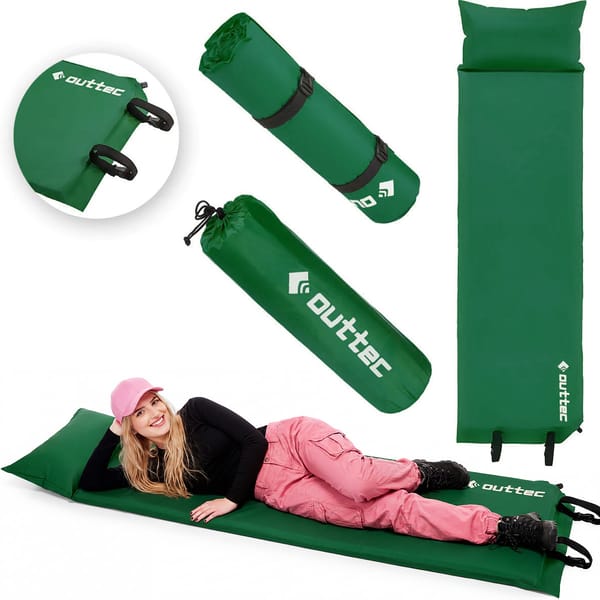Mata samopompująca z poduszką Pillow 186x53x2,5cm Outtec - zielona